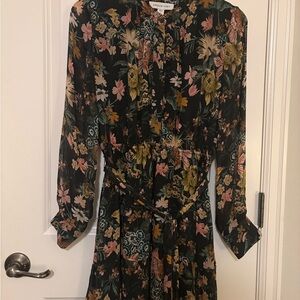 Amour Vert Black Floral Long-Sleeve Tie-Waist Midi Dress